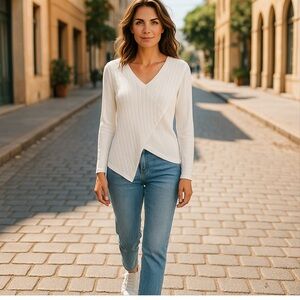 Noracora White V-Neck Long Sleeve sweater Top